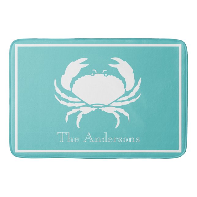 Tapis De Bain Design nautique avec crabe blanc sur bleu Turquois (Devant)
