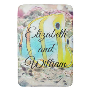 Tapis De Bain Dessin vintage de poisson jaune bleu en mer