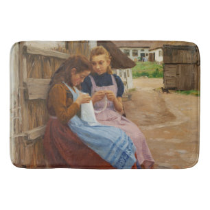 Tapis De Bain Deux Filles avec Needlework assis dans une ferme