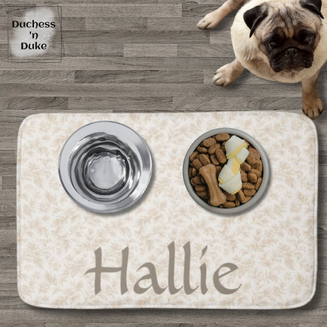 Tapis De Bain Dog Placemat - Ivory Botanical, Personalized  (Dog Placemat with food and water bowls personalized with name and ivory botanical design)