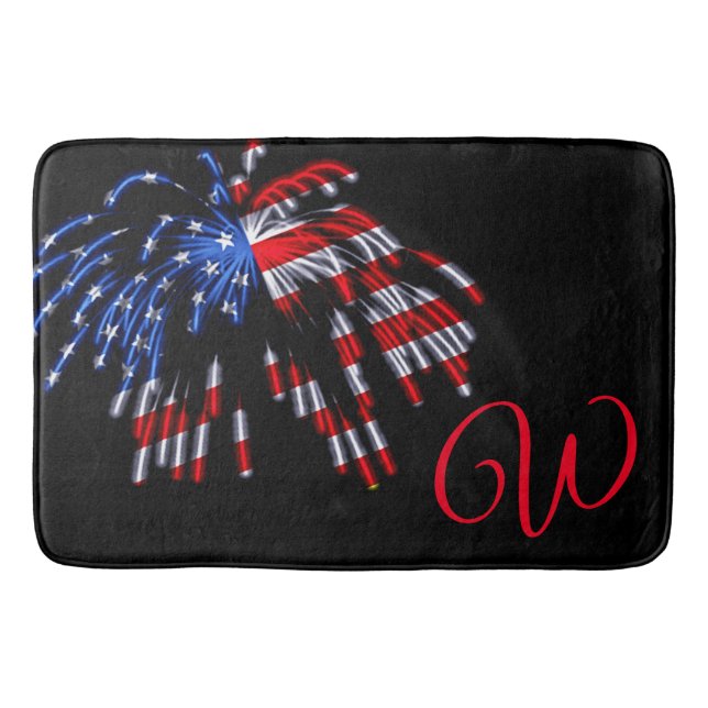 Tapis De Bain Drapeau Patriotique US Feu d'artifice Monogramme R (Devant)