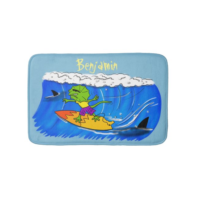 Tapis De Bain Drôle caricature de surf de lézard au cou (Devant)