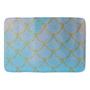 Tapis De Bain Écailles de sirène irisées bleu et or avec chatoie