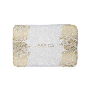 Tapis De Bain Elégant Blanc Et Or Floral Paisley Dentelle
