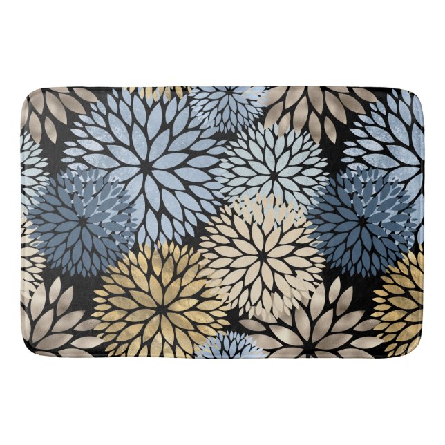 Tapis De Bain Élégant bleu or dahlia floral (Devant)