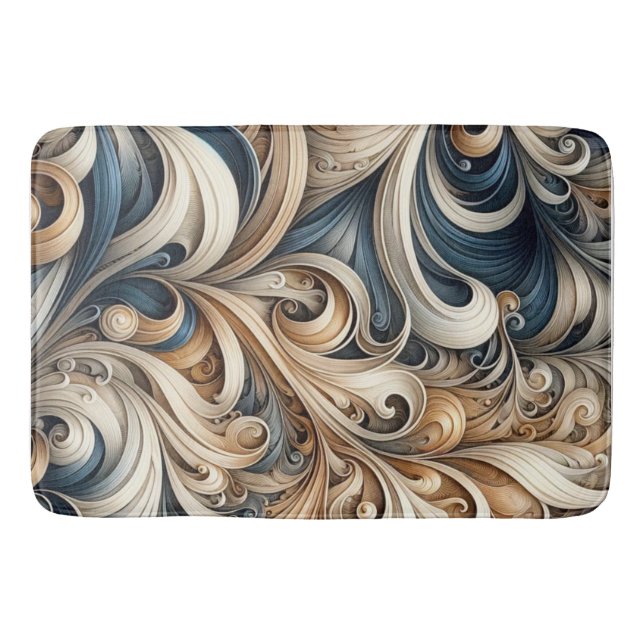 Tapis De Bain Elegant Blue Beige Baroque Swirl Pattern (Devant)