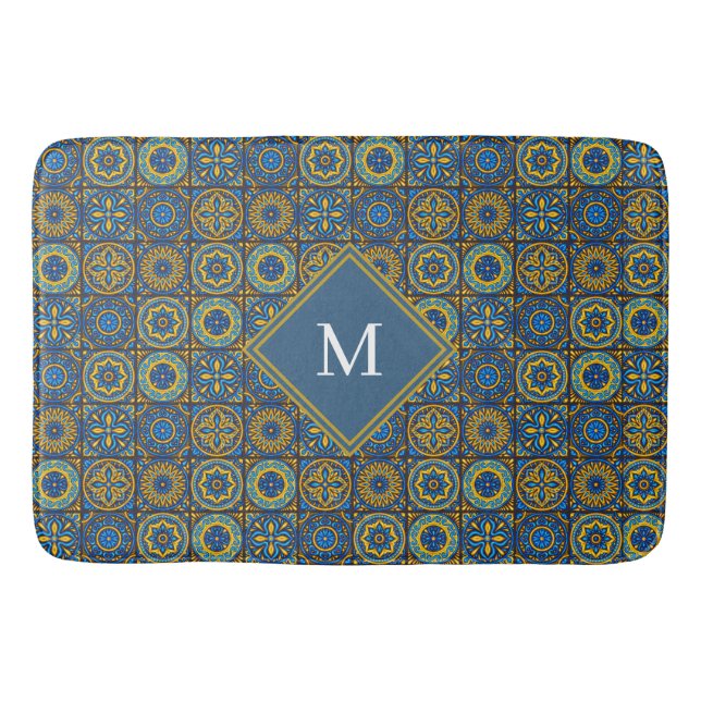 Tapis De Bain Elegant blue& white Moroccan custom monogram (Devant)