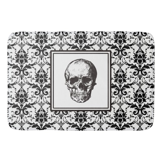 Tapis De Bain Élégant crâne noir gothique damassé (Devant)