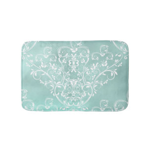 Tapis De Bain Élégant Damas Turquoise et blanc