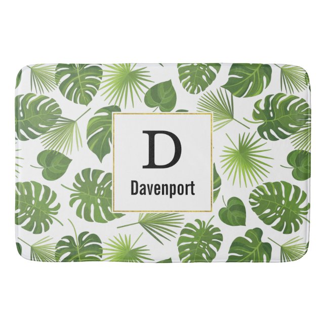 Tapis De Bain Élégant Green Tropical Feuille Motif Monogramme (Devant)