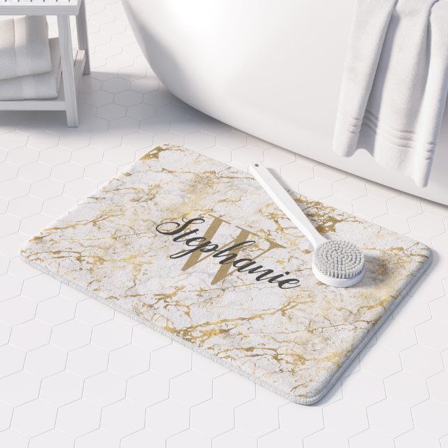 Tapis De Bain Élégant Marbre blanc Or Monogramme Script (Créateur téléchargé)