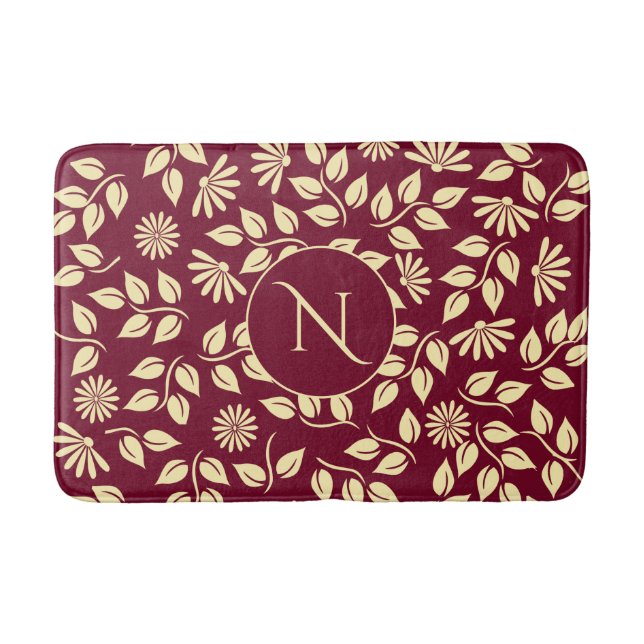 Tapis De Bain Élégant Monogram Leaf Daisy Motif Bourgogne (Devant)
