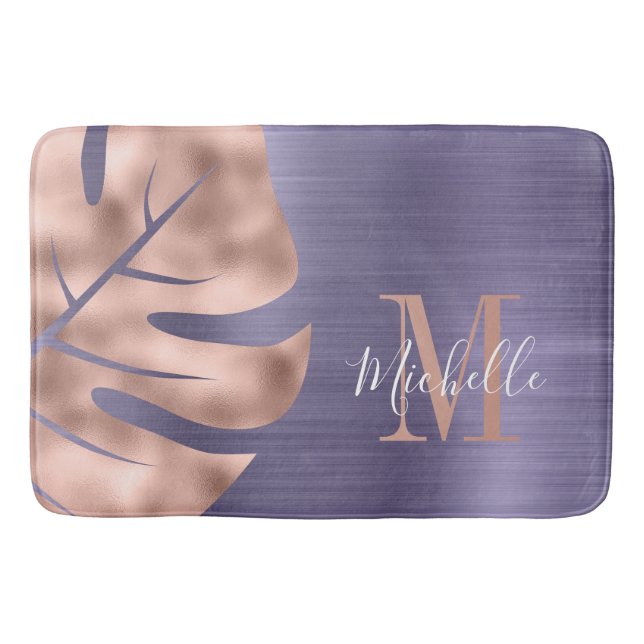 Tapis De Bain Élégant Monogramme de feuille de palme violet (Devant)