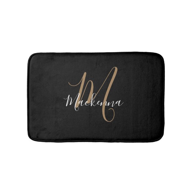 Tapis De Bain Élégant Monogramme d'or noir moderne Nom du script (Devant)
