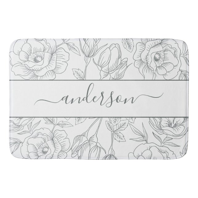 Tapis De Bain Élégant Monogramme floral blanc gris (Devant)
