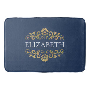 Tapis De Bain Élégant Monogramme Marine Bleu Mat Bain Or