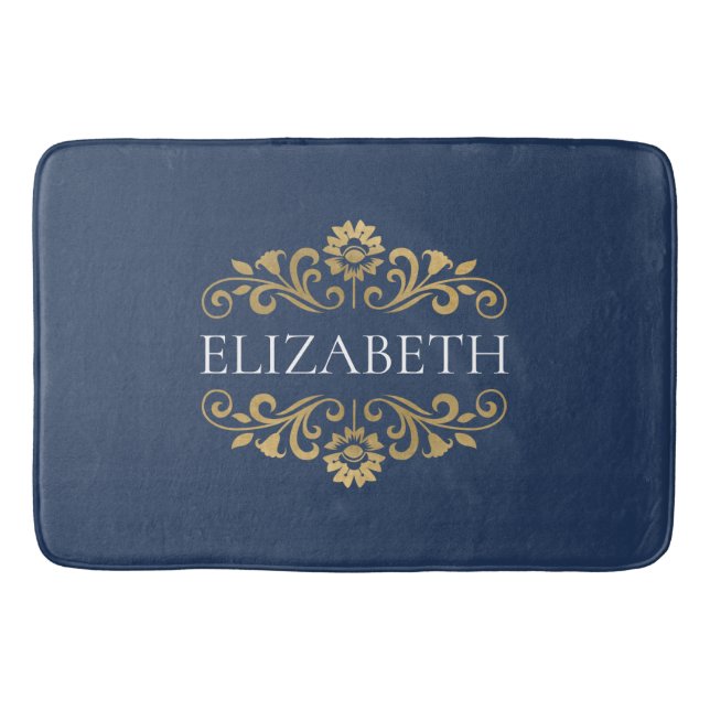 Tapis De Bain Élégant Monogramme Marine Bleu Mat Bain Or (Devant)