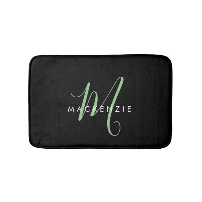 Tapis De Bain Élégant Monogramme moderne noir vert Script (Devant)