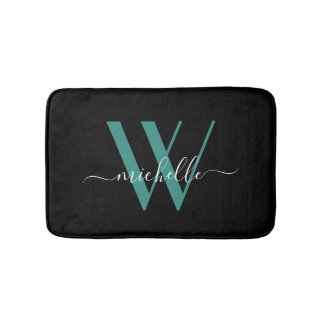 Tapis De Bain Élégant Monogramme Turquoise Nom initial Script Gi