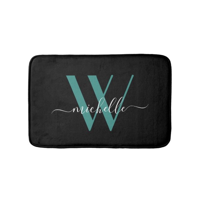 Tapis De Bain Élégant Monogramme Turquoise Nom initial Script Gi (Devant)
