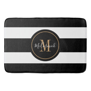 Tapis De Bain Élégant noir et or blanc rayures Monogramme