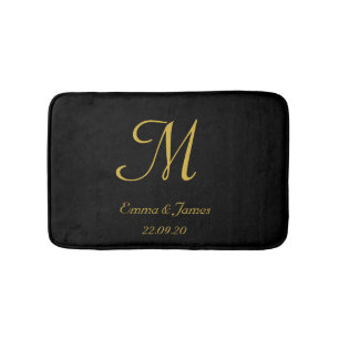 Tapis De Bain Élégant Noir et Or Nom Monogramme Nouveaux mariés