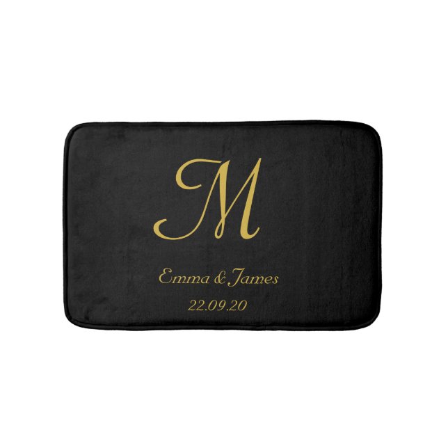 Tapis De Bain Élégant Noir et Or Nom Monogramme Nouveaux mariés (Devant)