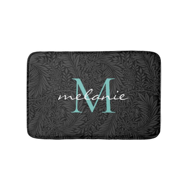 Tapis De Bain Élégant noir floral Turquoise Script Monogramme (Devant)