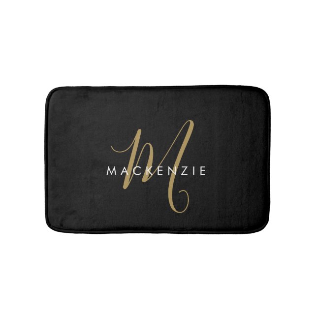 Tapis De Bain Élégant Noir Moderne Script Monogramme (Devant)
