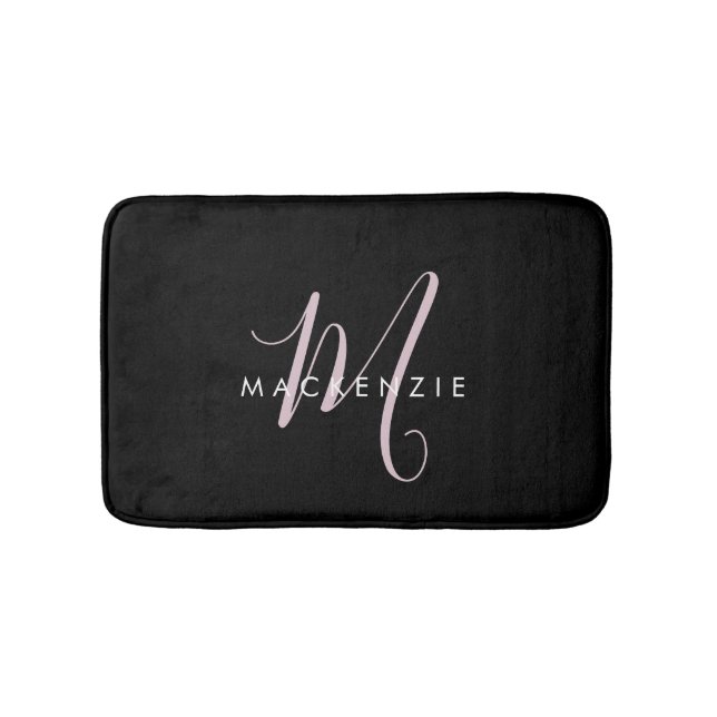 Tapis De Bain Élégant Noir Noir Blush Pink Script Monogramme (Devant)