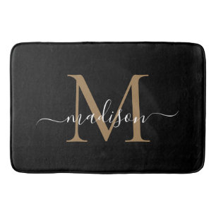 Tapis De Bain Élégant Noir Or Blanc Monogramme Feminine Script