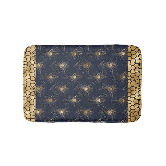 Tapis De Bain Elégant or Peacock Marine Blue Print élégant (Devant)