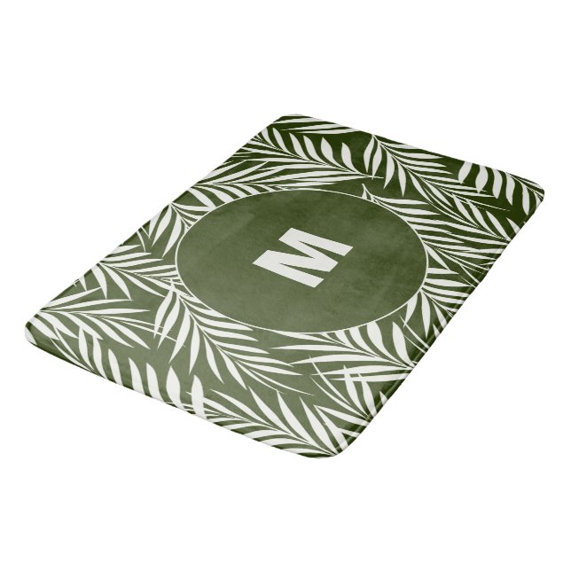 Tapis De Bain Élégant Palm Feuilles vert foncé Monogramme (Angle)