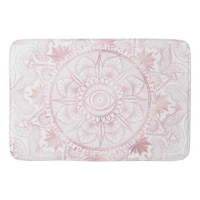 Tapis De Bain Elégant Rose Blanc Or Oeil Soleil Lune Mandala (Devant)