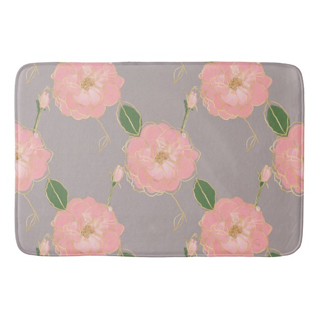 Tapis De Bain Elégant rose & or Aquarelle Rose Gris Design (Devant)