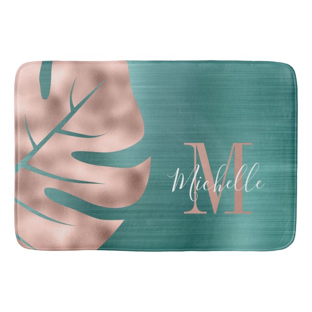 Tapis De Bain Élégant Rose or Palm vert feuille Monogramme (Devant)
