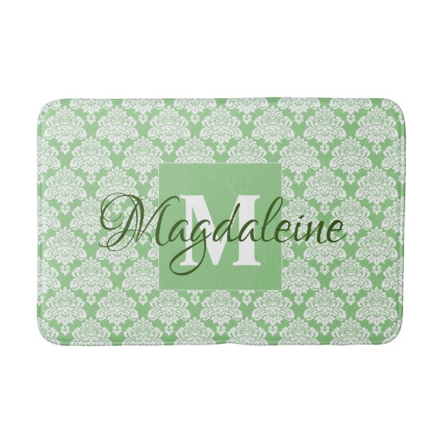 Tapis De Bain Elégant Sage Green Dentelle en damas Monogramme &  (Devant)