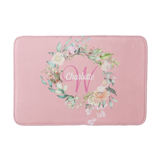 Tapis De Bain Élégant Script Monogramme Rose Floral Girly rose (Devant)