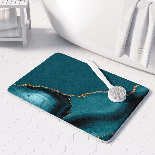 Tapis De Bain Elegant Teal Blue Agate Gold Glitter (Créateur téléchargé)