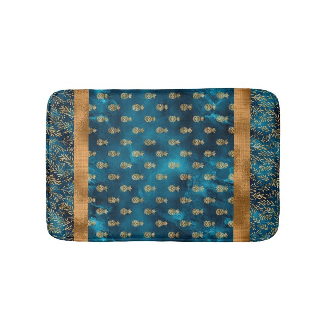 Tapis De Bain Élégant Turquoise Turquoise Gold Pineappy Motif (Devant)