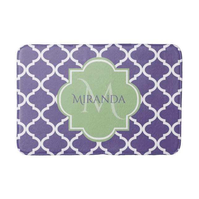 Tapis De Bain Élégant violet Quatrefoil et nom vert Monogramme (Devant)