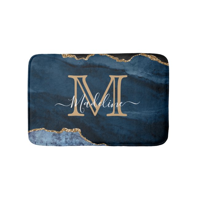 Tapis De Bain Elégante Girly Navy Blue Gold Agate Geode Monogram (Devant)
