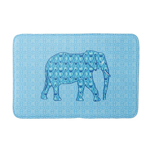 Tapis De Bain Eléphant à fleurs de Lotus, Turquoise et Blanc (Devant)