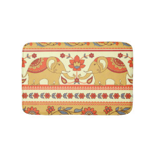 Tapis De Bain Éléphants ethniques, fleurs, motif sans couture.