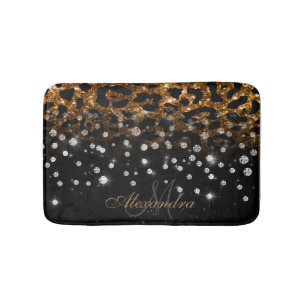 Tapis De Bain Empreinte de léopard d'étincelle noir et or