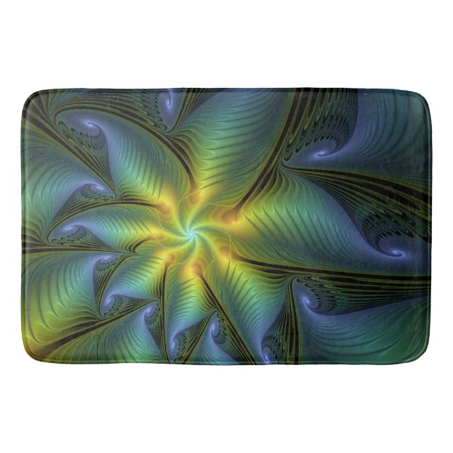 Tapis De Bain Etoile Abstraite, Bleu brillant Vert Or Fractal Ar (Devant)