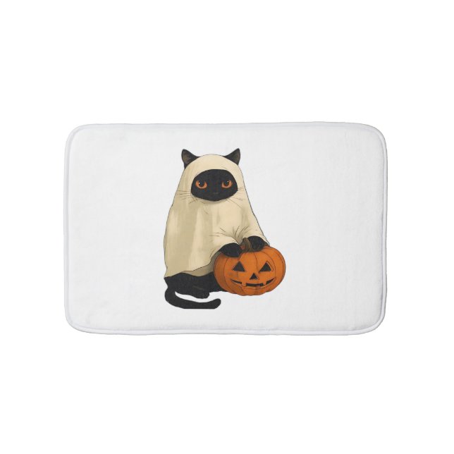 Tapis De Bain Fantôme de chat noir avec T-shirt Citrouille essen (Devant)