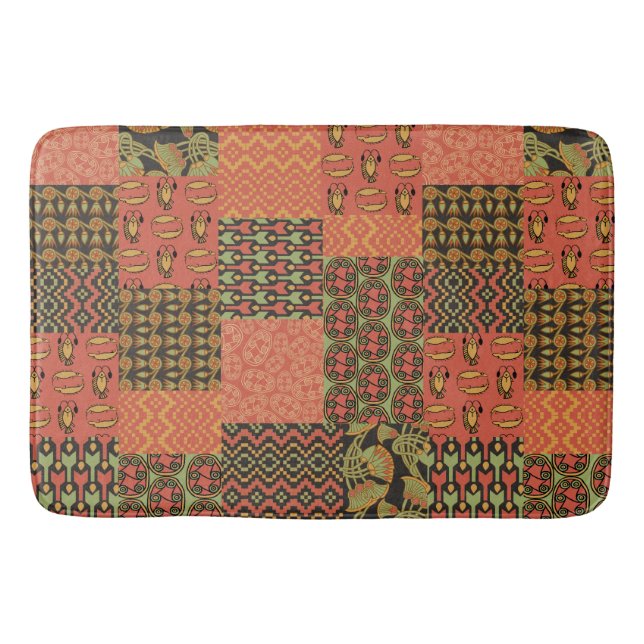 Tapis De Bain Faux Patchwork Tribal Égyptien Rouge Vert Noir (Devant)