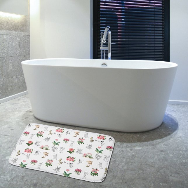 Tapis De Bain Fées Rose Floral & Champignons Motif de fées (Fairies Pink Floral & Mushroom Fairy Pattern Bath Mat)