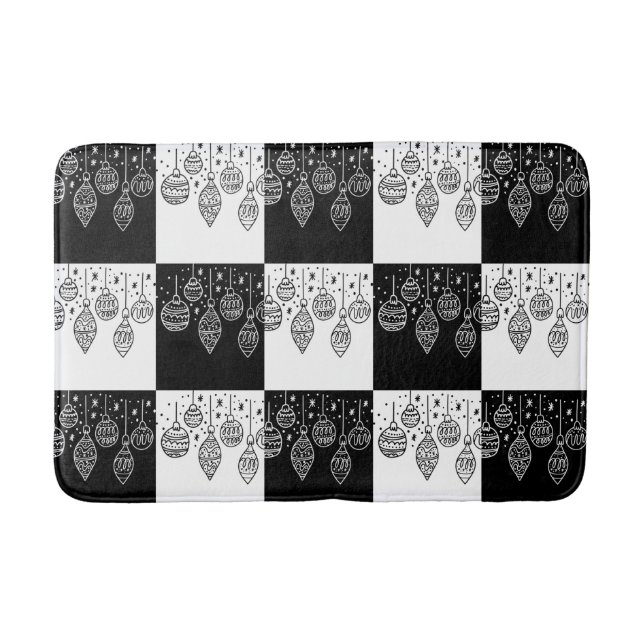 Tapis De Bain Festif moderne Noir et Blanc Baubles de Noël (Devant)